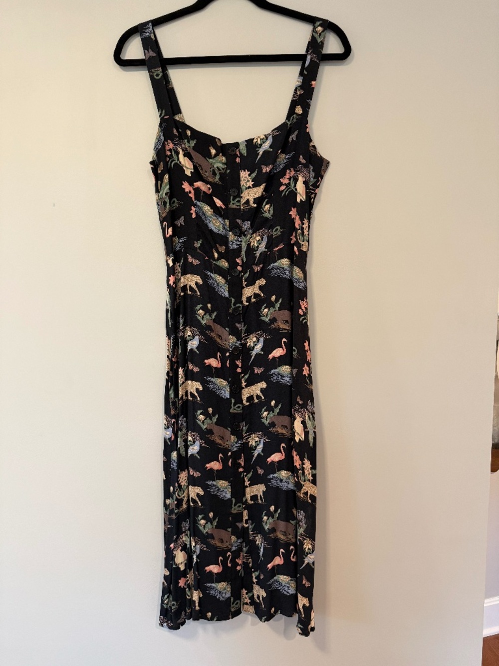 Reformation Virgil Black Tropical Animal Print Midi Dress